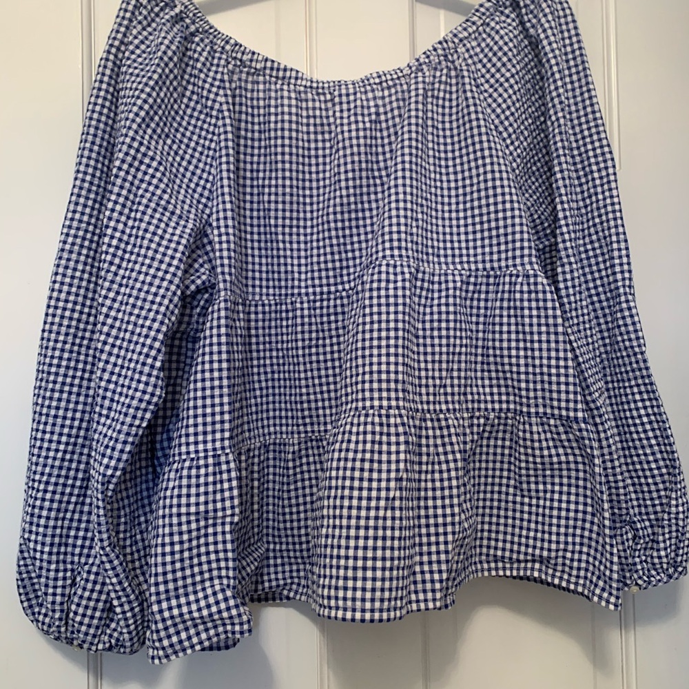 Gingham Check Tiered Peasant Blouse in Navy and White